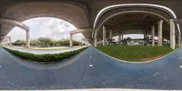 360-degree HDR image of a curved under-bridge road with overcast sky for realistic scene lighting.