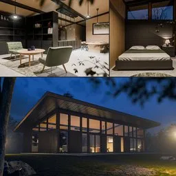 Realistic 3D wooden villa model with furnished interior and night-time environment created in Blender.