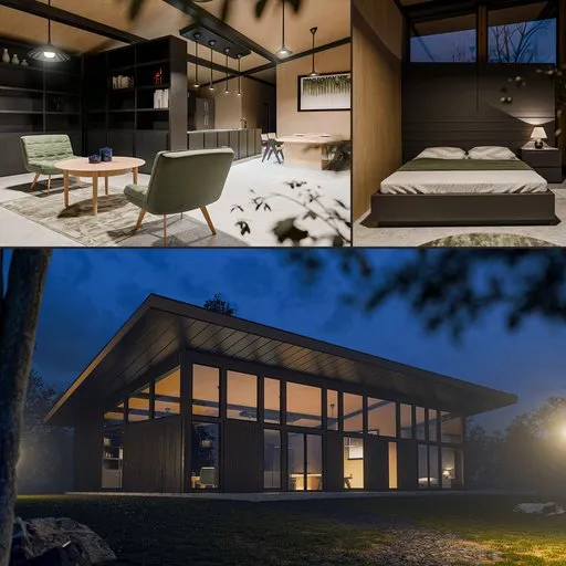 Realistic 3D wooden villa model with furnished interior and night-time environment created in Blender.