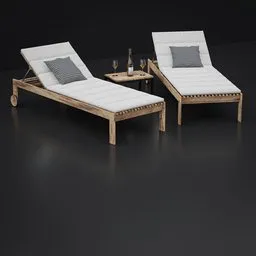 Realistic 3D-rendered patio sun loungers with cushions, side table and wine glasses, ideal for Blender visualizations.