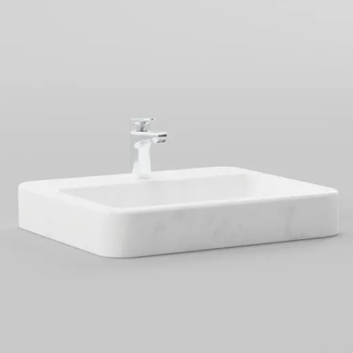Realistic Blender 3D model of a modern rectangular sink with silver faucet, white marble texture, perfect for bathroom design visualization.