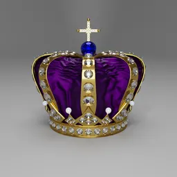 Detailed 3D-rendered imperial crown with gold, jewels, and purple velvet for use in Blender.