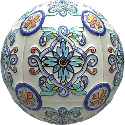 Seamless PBR Mexican ceramic material for Blender with color variation, texture scale, aspect ratio, roughness, metallic, and displacement options.