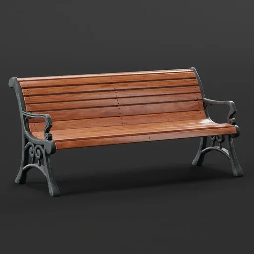 Detailed 3D model of a classic wooden park bench with intricate metal armrests for Blender rendering.