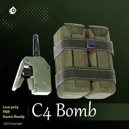 Detailed 3D model of a C4 explosive with detonator, optimized for Blender, PBR textured, game-ready asset.