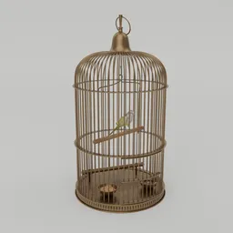 "Victorian brass bird cage with bronze accents, ideal for Blender 3D modeling, antique art category, highly detailed texture render, swing perch, feeding cups, period or modern decorative object."