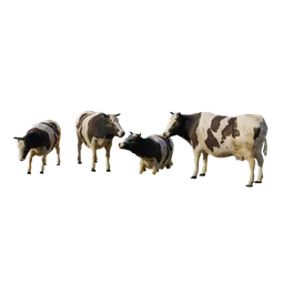 "A group of low poly cows in a row on a black background, suitable for background use in Blender 3D. These mammal 3D models depict fat, whitehorned cows, featuring a quadrupedal pose. Perfect for creating a realistic herd scene in your Blender projects."