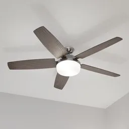Detailed 3D model of an animated ceiling fan with wooden blades and central light for Blender rendering.