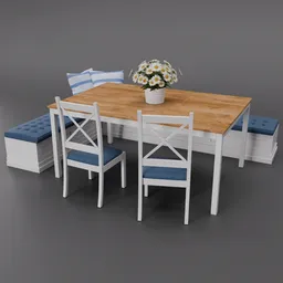 High-quality 3D rendering of a modern white and blue bench corner seating set with chairs and wooden table for Blender modeling.