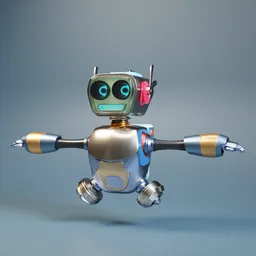 "Little Robbie: Cartoonish pink-eared robot for game design adventures, created in Blender 3D. Pixaresque cute style with metallic surfaces by Aaron Bohrod and well-rendered with Pixar's Renderman. Not yet rigged, ideal for game designers as an asset pack."