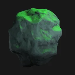 "Lowpoly Handpainted rock 3D model for Blender 3D - ideal for anime, art, gaming, or animation projects. Featuring a green glow, metallic asteroid texture and ghostly particles in a dark background, this model is perfect for creating eerie environments and toxic landscapes."