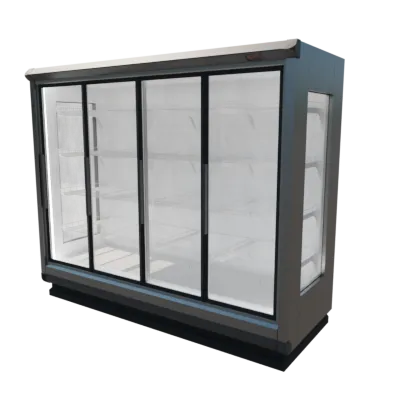 Realistic 3D glass door refrigerator model with shelving for Blender renderings in shopping and retail scenes.