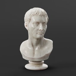 "Marble Bust 01 by Rico Cilliers, a realistic 3D model of a man's head on a pedestal with epic shaders and clean borders. This highly-detailed object features photorealistic face details and is perfect for use in 3D printing and in a Roman setting. Created with Blender 3D software."