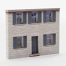 "Low-poly House Building 3D model with PBR textures created in Blender 3D. Inspired by Fitz Henry Lane, this model features white marble buildings, pink door, and shutters. Perfect for architecture and noise rock album cover designs."
