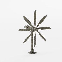 "3D model of a fully rigged, large scale medieval windmill for Blender 3D software. This machine category model depicts a metal sculpture of a windmill on a white surface, inspired by Vija Celmins and featuring tooth wu, quixel megascans, wh40k, scifi, spiral, nuclear reactor, and more. Commercially ready for use in animation and CG society projects."