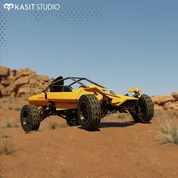 High-quality, rigged 3D model of a yellow off-road buggy, suitable for Blender animation and game development projects.