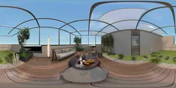 16k resolution urban HDR featuring a clear blue sky and modern terrace setup for realistic lighting in 3D scenes.