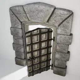 "3D Blender model of an ancient-style stone arch with a textured wooden door, ideal for historical architectural rendering."