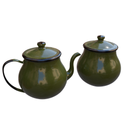 "Enamelware Kettle and Container 3D model for Blender 3D. This unique pair of green teapots with lids is inspired by Ivan Kramskoi, featuring specular lighting and raytracing. Perfect for in-game use or as a video game asset, enjoy the realistic rusty aesthetics on a black background."