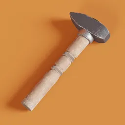 "Small hand hammer for blacksmithing - highly detailed texture render inspired by Paul Kelpe. Perfect for use as a videogame asset or in 3D modelling software like Blender 3D. Villager or barbarian inspired design on an orange surface."