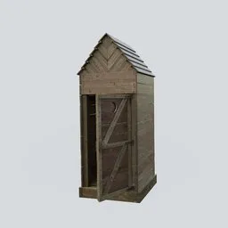 "Blender 3D model of a wooden outhouse with interiors, featuring a door and a roof. This old style outhouse is perfect for adding rustic charm to your architectural designs. Ideal for Blender 3D users seeking high-quality 3D models for their projects."