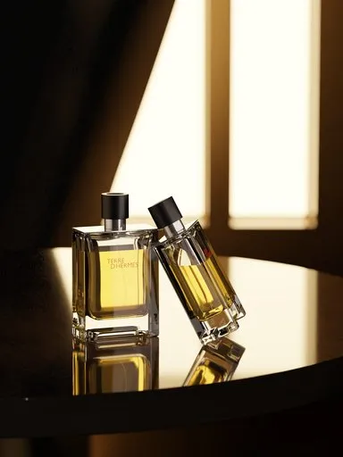 Elegant 3D-rendered perfume bottles on a studio-lit stage with dramatic shadows for product showcasing.