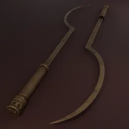 Detailed 3D curved sword with aging effects, high-quality texturing, and intricate handle design for Blender renderings.