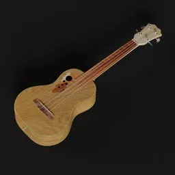 "Realistic 3D model of a ukulele inspired by the 1920s manufacture, featuring a wooden guitar body and black background. Created in Blender 3D software and suitable for in-game use. Category: instruments."