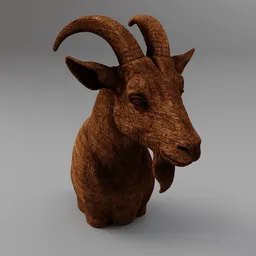 Wooden Goat Bust Sculpture
