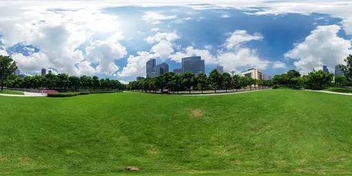 Panoramic HDR image of a sunny urban park with skyscrapers in the background for realistic scene lighting.