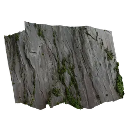 "Large granite rock cliff face photoscan 3D model for Blender 3D. Asset for video game and scenario elements featuring moss and broken forests. Hyperrealistic matte painting for creating high walls and various backgrounds inspired by the British Columbia Mountains."