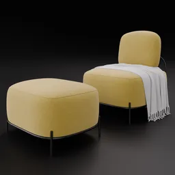 Yellow fabric 3D armchair and ottoman model, compatible with Blender, showcasing realistic texture and design details.