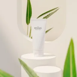 3D-modeled facial foam tube on a minimalist podium with green plant accents for a product visualization scene.