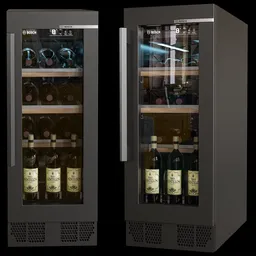 Detailed 3D render of a modern wine cabinet with glass door, bottles inside, Blender compatible.