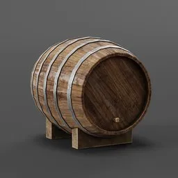 Detailed 3D model render of a wooden barrel on a stand, suitable for brewery and tavern scenarios, with Blender compatibility.