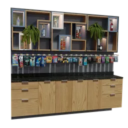 "Get realistic 3D model of a background cashier for your restaurant or bar scene in Blender 3D. This model features shelves filled with food, cigarette advertising, coffee shop android, vending machine, and more. Created by Herb Aach, this 4k render is perfect for retail design or bartending projects."