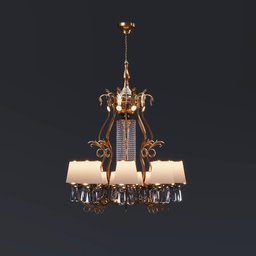 Detailed 3D chandelier model for Blender with elegant fabric shades and intricate golden metalwork design.