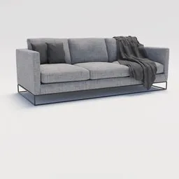Detailed 3D rendering of a modern grey sofa with cushions and throw for Blender modeling.