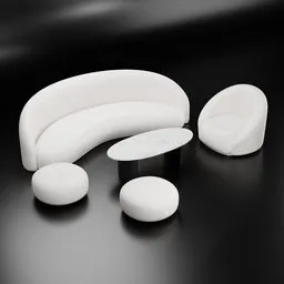 Elegant white curved 3D-rendered sofa set with table and ottomans for Blender modeling projects.