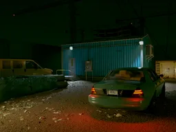 Detailed Blender 3D urban scene featuring vehicles, crane, lighting, and color correction for creative use.