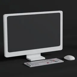 "Cartoon-style white desktop computer and keyboard on black surface, rendered in 3D with a single object scene. Modeled in Blender 3D and includes computer mouse. Perfect for concept renders."