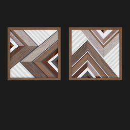 "Wood mosaic wall art 3D model for Blender 3D. Two framed chevron patterns on a black background, perfect for interior decoration. Rendered in Vue with hardwood floor and muted palette."