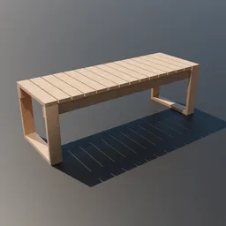 Wooden slat park bench 3D model, modern design, Blender compatible, shadow cast on ground.