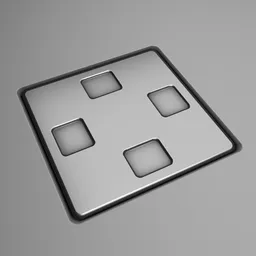 "Scifi Decal 001 - A 3D metal object with four squares and interlocked design suitable for mobile game UI and gray scale design. Made with Decal Machine in Blender 3D."