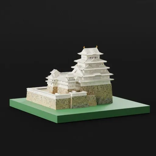 Detailed 3D rendering of a Japanese castle, compatible with Blender, showcasing intricate architectural modeling.
