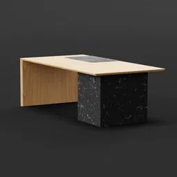 Realistic 3D-rendered modern desk with wood finish and black marble accents, designed for Blender 3D.