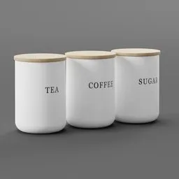 Realistic 3D model of labeled kitchen containers for tea, coffee, and sugar with wooden lids, designed for Blender rendering.