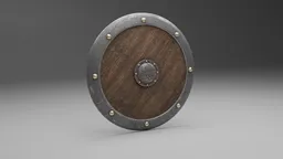 Detailed 3D render of a wooden and metal round war shield, designed for Blender 3D model enthusiasts.