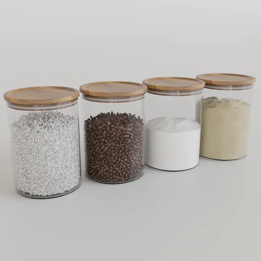 Realistic Blender 3D model of glass jars with wooden lids filled with kitchen staples.