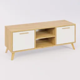 Detailed 3D rendering of a modern wooden TV stand with white doors, suitable for Blender interior modeling.